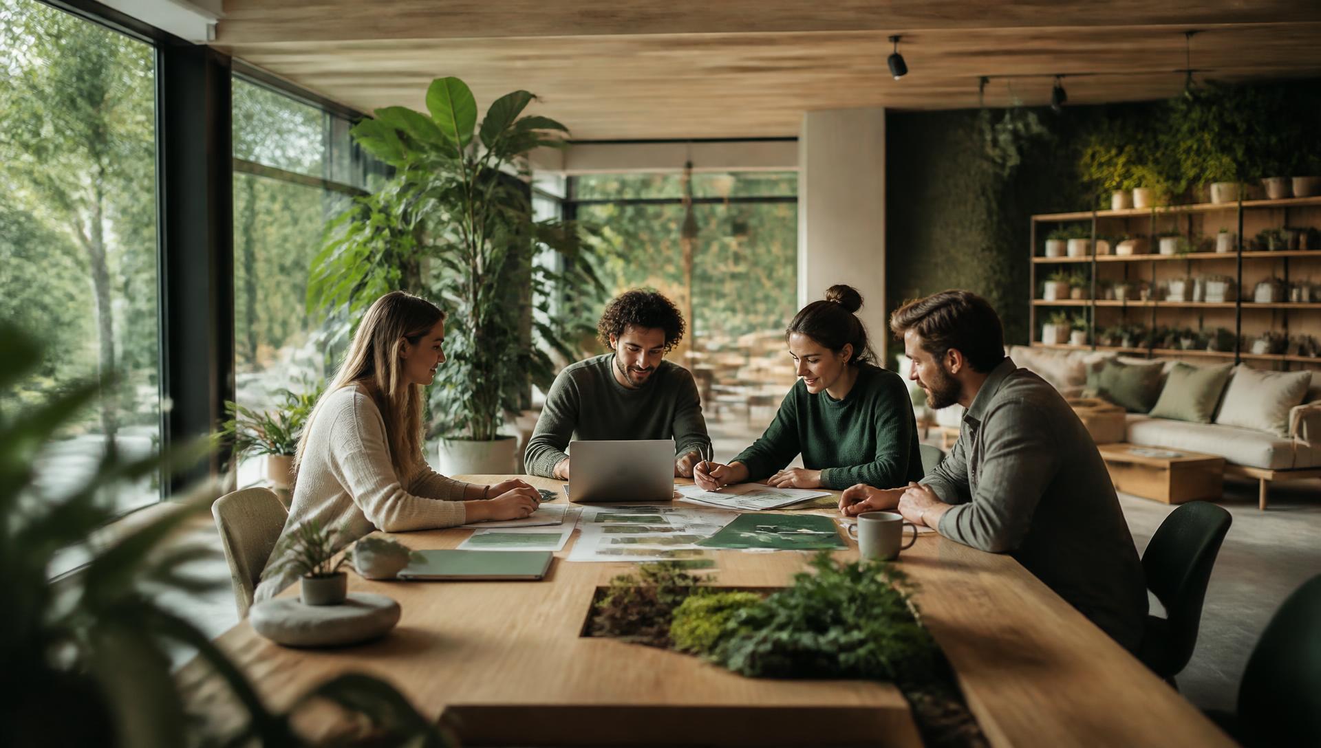 Team einer nachhaltigen Marketingagentur bei der Arbeit in einem begrünten Büro